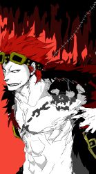 Rule 34 | 1boy, chain, color background, eustass kid, goggles, goggles on head, male focus, monochrome, one piece, open clothes, open shirt, pirate, red hair, red theme, sanakuron, shirt, skull, solo, spot color