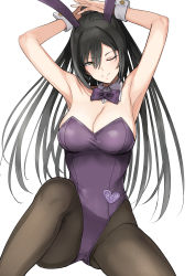 Rule 34 | 1girl, animal ears, black hair, bow, bowtie, breasts, cleavage, closed mouth, detached collar, fake animal ears, hair between eyes, high ponytail, highres, idolmaster, idolmaster shiny colors, large breasts, leotard, long hair, one eye closed, pantyhose, playboy bunny, ponytail, purple leotard, rabbit ears, shirase sakuya, sidelocks, simple background, smile, solo, strapless, strapless leotard, tsurui, white background, wrist cuffs, yellow eyes