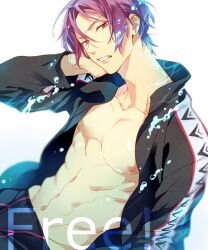 Rule 34 | 1boy, abs, air bubble, bubble, commentary request, copyright name, free!, hand up, jacket, long sleeves, looking at viewer, male focus, matsuo shin, matsuoka rin, navel, nipples, open clothes, open jacket, partial commentary, purple eyes, purple hair, solo, teeth, white background