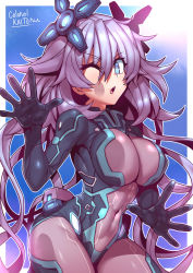 Rule 34 | 1girl, against fourth wall, black bodysuit, blue background, blue eyes, bodysuit, breast press, breasts, cleavage, commentary request, commission, covered navel, cowboy shot, hair between eyes, hair ornament, headgear, highres, large breasts, long hair, looking at viewer, neon trim, neptune (neptunia), neptune (series), next form, next purple, one eye closed, open mouth, power symbol, power symbol-shaped pupils, purple bodysuit, purple hair, purple heart (neptunia), shin jigen game neptune vii, sidelocks, skeb commission, skin tight, solo, standing, symbol-shaped pupils, teeth, tukiwani, upper teeth only, very long hair