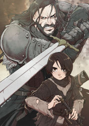 Rule 34 | 10s, 1boy, 1girl, 2015, a song of ice and fire, age difference, angry, animification, armor, artist name, arya stark, beard, belt, black eyes, black hair, brown eyes, brown hair, chainmail, child, clenched teeth, damaged, danusko, facial hair, fantasy, fighting stance, game of thrones, gauntlets, hair over one eye, height difference, holding, holding sword, holding weapon, long hair, long sleeves, looking at viewer, manly, mustache, pauldrons, sandor clegane, scar, scarf, serious, sheath, short hair, shoulder armor, size difference, stance, sword, teeth, tomboy, torn clothes, weapon