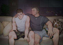 Rule 34 | 2boys, abs, absurdres, bara, bare arms, bare shoulders, beard, body hair, bottle, brown hair, bulge, buzz cut, camouflage, camouflage shorts, couple, dark, facial hair, grey shirt, grey shorts, hand on another&#039;s shoulder, highres, holding, holding bottle, large pectorals, leg hair, light brown hair, male focus, multiple boys, muscular, muscular male, navel, nipples, original, pectorals, peterhl, seductive smile, shirt, short hair, shorts, sleeveless, sleeveless shirt, smile, spread legs, stubble, thick eyebrows, thick thighs, thighs, very short hair, white shirt, yaoi