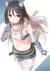 Rule 34 | 1girl, absurdres, animal ears, bare shoulders, bikini, blush, breasts, brown hair, commentary request, cowboy shot, detached sleeves, elbow gloves, finger to mouth, fur collar, gloves, highres, long hair, looking at viewer, miniskirt, multicolored hair, princess connect!, shiori (princess connect!), skirt, small breasts, smile, solo, sports bikini, standing, strapless, strapless bikini, swimsuit, tail, thighhighs, tiger ears, tiger girl, tiger tail, white hair, white thighhighs, yamano rokamizu, yellow eyes