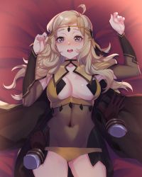 Rule 34 | 1boy, absurdres, ahoge, asymmetrical bangs, bed, blonde hair, blush, bodystocking, breasts, bridal gauntlets, cape, commission, commissioner upload, covered navel, disembodied limb, duplicate, fire emblem, fire emblem fates, fire emblem heroes, gloves, gluteal fold, grey eyes, highres, kiran (fire emblem), kiran (male) (fire emblem), lying, male hand, medium breasts, midriff, nintendo, non-web source, on back, open mouth, ophelia (fire emblem), panties, pov, ritence, turtleneck, underwear, yellow panties