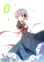Rule 34 | 1girl, arm ribbon, black dress, blush, chinese commentary, commentary request, countdown illustration, criss-cross halter, dress, floating clothes, frilled dress, frilled sleeves, frills, grey hair, hair between eyes, halterneck, highres, interlocked fingers, kagari (rewrite), lliissaawwuu2, long ribbon, looking afar, looking at viewer, own hands together, parted lips, praying, puffy short sleeves, puffy sleeves, purple eyes, red ribbon, rewrite, ribbon, short hair, short sleeves, simple background, solo, white background, wrist bow