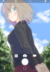 Rule 34 | 1girl, absurdres, arms behind back, black jacket, blue eyes, blue sky, blurry, blurry background, blush, cellphone, closed mouth, cloud, cloudy sky, commentary, day, depth of field, from side, girls und panzer, highres, itsumi erika, jacket, kuromorimine military uniform, light blush, lips, long hair, long sleeves, looking at viewer, looking back, military, military uniform, outdoors, own hands together, oze (xyz go go11), phone, fake phone screenshot, pleated skirt, red skirt, silver hair, skirt, sky, smartphone, smile, solo, standing, tree, twitter username, uniform, wind
