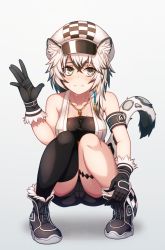 Rule 34 | 1girl, animal ears, arknights, armband, black footwear, black gloves, black hair, blush, breasts, cleavage, cliffheart (arknights), closed mouth, denim, denim shorts, gloves, grey eyes, hat, highres, jewelry, large breasts, leopard ears, leopard tail, messy hair, multicolored hair, necklace, poifuru, shoes, short hair, shorts, sneakers, solo, squatting, tail, tongue, tongue out, two-tone hair, white hair, white hat