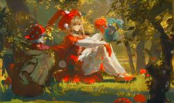 Rule 34 | 1girl, dress, forest, grass, highres, little red riding hood (grimm), nature, red dress, redum4, sitting, solo