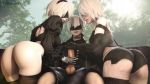 Rule 34 | 1boy, 2girls, 3d, android, animated, artist name, ass, blindfold, feather-trimmed sleeves, ffm threesome, gloves, group sex, hairband, handjob, highres, kushishekku, mole, mole under mouth, multiple girls, cooperative handjob, nier, nier (series), nier:automata, penis, testicles, thighhighs, threesome, uncensored, video, video, white hair, 2b (nier:automata), 9s (nier:automata), a2 (nier:automata)
