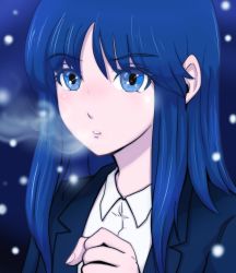 Rule 34 | 1girl, aquaplus, arm up, blue hair, blush, breath, clenched hand, fingernails, highres, hime cut, long hair, nondocray, parted lips, portrait, sidelocks, snow, snowing, solo, touma kazusa, variations, very long hair, white album, white album (series), white album 2