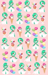 Rule 34 | 1girl, bob cut, candy, colored skin, cream, creatures (company), cup, dessert, drinking glass, female focus, food, from side, full body, game freak, gardevoir, gen 3 pokemon, green hair, green skin, hair over one eye, heart, ice cream, ice cream cone, multicolored skin, multiple views, nintendo, one eye covered, parfait, pink background, pixel art, pokemon, pokemon (creature), red eyes, short hair, simple background, standing, ticaro, two-tone skin, wafer stick, waffle cone, white skin