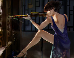 Rule 34 | 1girl, aiming, alternate costume, alternate hairstyle, arm on knee, backless dress, backless outfit, balcony, bare arms, bare back, bare legs, bare shoulders, bass flute, black footwear, blue dress, blunt bangs, cocktail dress, commentary, dress, earrings, english commentary, flute, foot out of frame, foot up, from side, funi mu9, gloves, gun, high heels, highres, holding, holding gun, holding instrument, holding weapon, indoors, inoue takina, instrument, jewelry, long dress, lycoris recoil, mission: impossible, mission: impossible - rogue nation, parted lips, print dress, profile, purple eyes, rifle, scope, short hair, silver footwear, sleeveless, sleeveless dress, sniper rifle, solo, squatting, strappy heels, toes, weapon, white gloves, wind