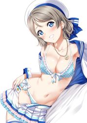Rule 34 | 1girl, anchor earrings, blue eyes, blue sailor collar, blush, bra, breasts, brown hair, cleavage, commentary request, earrings, hat, jewelry, looking at viewer, love live!, love live! school idol festival, love live! sunshine!!, lying, medium breasts, navel, necklace, on side, panties, polka dot, sailor, sailor collar, sailor hat, sankuro (agoitei), short hair, simple background, skirt, smile, solo, stomach, underwear, undressing, watanabe you, white background, white hat, white skirt