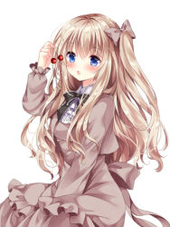 Rule 34 | 1girl, between legs, black ribbon, blonde hair, blouse, blue eyes, blush, breasts, brown dress, brown ribbon, cherry, dress, food, frilled dress, frilled ribbon, frilled sleeves, frills, fruit, hair between eyes, hair ribbon, hand between legs, holding, holding food, long hair, long sleeves, medium breasts, nogi takayoshi, one side up, open mouth, original, puffy long sleeves, puffy sleeves, ribbon, shirt, simple background, sitting, solo, white background, white shirt