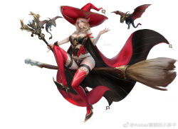 Rule 34 | 1girl, blonde hair, blue eyes, breasts, broom, broom riding, cape, cleavage, curvy, elf, fingernails, hat, large breasts, long fingernails, long hair, looking at viewer, mage staff, mini dragon, original, pointy ears, red nails, red thighhighs, thighhighs, weber, white background, witch, witch hat