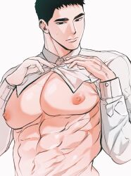 Rule 34 | 1boy, abs, bara, bare pectorals, beware the ides of march, black hair, chlthd 990, closed mouth, collared shirt, cropped shirt, highres, looking at viewer, male focus, muscular, muscular male, navel, nipples, park mok-hwa, pectorals, shirt, short hair, simple background, solo, upper body, white background, white shirt