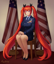 Rule 34 | 1girl, absurdres, american flag, artist name, audrie, audrie, breasts, chair, full body, hair ornament, hair ribbon, hairclip, highres, large breasts, last origin, long hair, looking at viewer, may of doom, military, military uniform, necktie, purple eyes, red hair, ribbon, ribbon bar, sitting, skirt, solo, uniform, very long hair