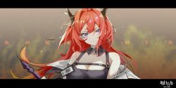 Rule 34 | 1girl, absurdres, arknights, bare shoulders, breasts, cleavage, commentary, copyright name, demon girl, hair intakes, head tilt, highres, horns, huge filesize, letterboxed, light particles, looking at viewer, medium breasts, purple eyes, red hair, smile, solo, surtr (arknights), upper body, v-shaped eyebrows, ximubingo
