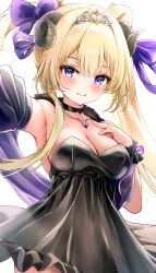 1girl alternate_costume bare_shoulders black_dress blonde_hair blush breasts cleavage cowboy_shot derk_maxx dress highres hololive horns large_breasts long_hair purple_eyes sheep_girl sheep_horns simple_background solo strapless strapless_dress tsunomaki_watame twintails virtual_youtuber white_background