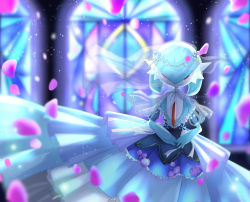 Rule 34 | 1girl, alternate color, artist name, blue dress, blue flower, blue hair, blue skin, blue theme, blurry, blurry background, blurry foreground, bob cut, closed mouth, clothed pokemon, colored skin, creatures (company), dress, female focus, flat chest, flower, frilled dress, frills, game freak, gardevoir, gen 3 pokemon, hair between eyes, hair flower, hair ornament, happy, highres, ibarasannn, indoors, looking at viewer, multicolored skin, nintendo, off-shoulder dress, off shoulder, own hands together, petals, pink eyes, pink flower, pink rose, pokemon, pokemon (creature), puffy short sleeves, puffy sleeves, rose, see-through, shiny pokemon, short hair, short sleeves, smile, solo, stained glass, standing, straight-on, twitter username, two-tone skin, veil, watermark, white flower, white skin, window