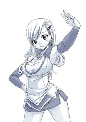 Rule 34 | 1girl, arm up, breasts, cleavage, cowboy shot, detached sleeves, eden&#039;s zero, hair ornament, hand on own hip, jewelry, large breasts, long hair, mashima hiro, microskirt, monochrome, necklace, official art, outstretched arm, pencil skirt, rebecca bluegarden, simple background, sketch, skirt, smile, solo, standing, swept bangs, white background