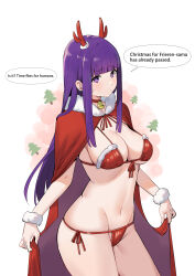 Rule 34 | 1girl, absurdres, bell, bikini, blunt bangs, breasts, cape, chen yang yang, choker, closed mouth, commentary, english text, fake antlers, fern (sousou no frieren), front-tie bikini top, front-tie top, fur-trimmed bikini top, fur-trimmed cape, fur trim, groin, groin tendon, highres, large breasts, long hair, navel, neck bell, purple eyes, purple hair, purple pupils, raised eyebrows, red bikini, red cape, red choker, side-tie bikini bottom, solo, sousou no frieren, strap gap, swimsuit, symbol-only commentary, thighs, underboob