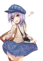 Rule 34 | 1girl, :d, bag, braid, burn scar, commentary request, cowboy shot, dorei to no seikatsu ~teaching feeling~, grey hair, hat, heart, kiomota, long hair, long sleeves, looking at viewer, low twintails, open mouth, plaid, plaid skirt, purple eyes, scar, side braid, simple background, skirt, skirt hold, smile, solo, sylvie (dorei to no seikatsu), thigh gap, twintails, white background