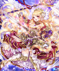 Rule 34 | 1girl, angel wings, bare shoulders, blonde hair, crown, dress, flower, greek mythology, hair flower, hair ornament, haruci, highres, holding, holding staff, holding sword, holding weapon, long hair, looking at viewer, nike (mythology), open mouth, petals, petticoat, shingoku no valhalla gate, solo, staff, sword, thighhighs, very long hair, weapon, white thighhighs, wings