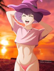 Rule 34 | 1girl, beach, black clover, blouse, breasts, closed eyes, crishdemons, dorothy unsworth, hat, highres, open mouth, panties, purple hair, shirt, short hair, small breasts, smile, tagme, underwear, witch, witch hat