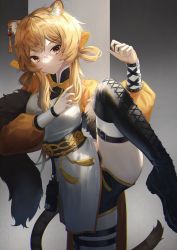 Rule 34 | 1girl, absurdres, animal ears, arknights, blonde hair, chinese clothes, cowboy shot, du yaoye (arknights), earclip, feather boa, fighting stance, flippy (cripine111), fur shawl, hair rings, highres, leg up, orange sleeves, shawl, short shorts, shorts, tail, tiger ears, tiger girl, tiger tail, yellow eyes