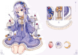 Rule 34 | 1girl, alternate costume, blue eyes, blue flower, bow, cake, character name, crescent, crescent hair ornament, dress, flower, food, frilled dress, frills, hair bow, hair ornament, heart, highres, holding, holding food, kantai collection, long sleeves, maid headdress, malachite, open mouth, purple dress, purple hair, short hair with long locks, sitting, solo, wide sleeves, yayoi (kancolle), yellow flower