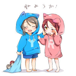 Rule 34 | 2girls, :d, ^ ^, aged down, animal hood, barefoot, blue hoodie, cat hood, character doll, child, closed eyes, clothes writing, drawstring, full body, hand on another&#039;s arm, hand on another&#039;s cheek, hand on another&#039;s face, highres, holding, hood, hood up, hoodie, love live!, love live! sunshine!!, multiple girls, open mouth, pink hoodie, rubbing eyes, sakurauchi riko, sleepy, smile, standing, translation request, watanabe you, white background, yuchi (salmon-1000)