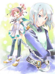 Rule 34 | 1boy, 1girl, armor, belt, blue eyes, blue hair, braid, dress, elbow gloves, gloves, green background, green eyes, hairband, kanonno earhart, long hair, open mouth, pink hair, ribbon, shoes, short hair, tales of (series), tales of rebirth, tales of the world radiant mythology 2, thighhighs, veigue lungberg