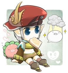 Rule 34 | 1girl, beret, blue eyes, blunt bangs, bob cut, boots, bread slice, brown footwear, brown shirt, brown shorts, brown skirt, chibi, cloud, commentary request, crop top, food, food in mouth, full body, grey hair, hat, heart, hunter (ragnarok online), kneehighs, layered sleeves, long sleeves, lowres, midriff, miniskirt, mouth hold, multicolored shirt, navel, norokome, piglet, pointy ears, ragnarok online, red headwear, savage babe, shirt, short hair, short over long sleeves, short shorts, short sleeves, shorts, shorts under skirt, skirt, socks, toast, toast in mouth