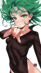Rule 34 | 1girl, black dress, blush, breasts, covered navel, dress, floating hair, green eyes, green hair, highres, looking at viewer, nanja, one-punch man, parted lips, pointing, pointing at viewer, short hair, side slit, simple background, skin tight, small breasts, solo, tatsumaki, white background