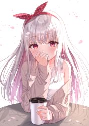 Rule 34 | 1girl, bare shoulders, blush, brown jacket, coffee cup, commentary request, covered mouth, cup, disposable cup, hairband, hand up, highres, holding, holding cup, jacket, long hair, long sleeves, looking at viewer, off shoulder, open clothes, open jacket, original, petals, pink hair, polka dot, polka dot ribbon, red eyes, red hairband, red ribbon, ribbon, shirt, silver hair, sleeveless, sleeveless shirt, sleeves past wrists, solo, table, tsukiman, upper body, very long hair, white background, white shirt