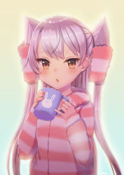 Rule 34 | 1girl, :o, alternate costume, amatsukaze (kancolle), blush, brown eyes, cup, gradient background, hair tubes, holding, holding cup, jacket, kantai collection, long hair, long sleeves, mug, open mouth, pajamas, silica (silica silylate), silver hair, simple background, solo, striped clothes, striped jacket, two side up, upper body