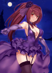 Rule 34 | 1girl, bad id, bad pixiv id, black legwear, blush, breasts, cleavage, closed mouth, dress, elbow gloves, fate/grand order, fate (series), full moon, garter straps, gloves, hair intakes, jirusu, large breasts, long hair, looking at viewer, moon, night, outdoors, outstretched arm, ponytail, purple dress, purple gloves, purple hair, red eyes, scathach (fate), sidelocks, solo, standing, thighs