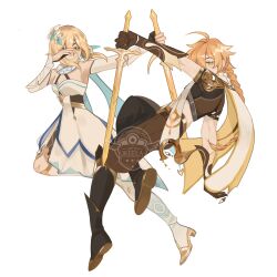 Rule 34 | 1boy, 1girl, aether (genshin impact), ahoge, arm armor, arm up, armor, arms up, artist name, baggy pants, bare shoulders, belt, black footwear, black gloves, black pants, black shirt, blonde hair, blue cape, boots, braid, breasts, brother and sister, brown belt, brown gloves, brown pants, brown shirt, cape, commentary, covered mouth, detached sleeves, dress, earrings, english commentary, feather hair ornament, feathers, fingerless gloves, fingernails, flower, flying, full body, genshin impact, gloves, gold trim, hair between eyes, hair flower, hair ornament, highres, holding, holding sword, holding weapon, ikeela, jewelry, long hair, long sleeves, looking at viewer, lumine (genshin impact), medium breasts, orange cape, orange eyes, orange hair, pants, scarf, shirt, short hair, short sleeves, shoulder armor, siblings, sidelocks, simple background, single earring, sword, thigh boots, two-sided cape, two-sided fabric, two-tone pants, two-tone shirt, v-shaped eyebrows, watermark, weapon, white background, white cape, white dress, white flower, white footwear, white scarf, yellow eyes