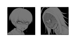 Rule 34 | 2boys, ahoge, angry, commentary request, covered face, greyscale, hai (haihki), highres, jacket, long hair, looking at another, makoto kagutsuchi, male focus, mask, master detective archives: rain code, monochrome, multiple boys, open mouth, shaded face, shirt, short hair, shouting, spoilers, sweat, sweatdrop, symbol in eye, tears, upper body, v-shaped eyebrows, yuma kokohead