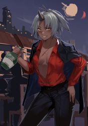 Rule 34 | 1girl, blouse, blush, bottle, dark-skinned female, dark skin, dress shirt, grey hair, highres, holding, holding bottle, horns, hunyan, jacket, jacket on shoulders, long sleeves, looking at viewer, night, no bra, oni horns, open clothes, open shirt, original, outdoors, pants, ponytail, red shirt, scar, scar on chest, shirt, smile, thumb in pocket, unbuttoned, yellow eyes
