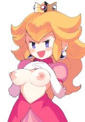 Rule 34 | 1girl, blonde hair, blue eyes, breast suppress, breasts, breasts out, chibi, dress, highres, inkerton-kun, looking at viewer, mario (series), medium breasts, nintendo, nipples, open mouth, princess peach, puffy areolae, smile, super mario bros. 1