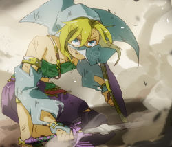 Rule 34 | 1boy, anklet, arabian clothes, bandeau, bare shoulders, blonde hair, blue eyes, blue gloves, bridal gauntlets, circlet, clenched teeth, collabone, crossdressing, detached sleeves, dirty, dust, gerudo set (zelda), gloves, holding, holding shield, holding sword, holding weapon, jewelry, link, male focus, master sword, midriff, nintendo, pants, parted lips, shield, solo, squatting, sword, teeth, the legend of zelda, the legend of zelda: breath of the wild, torn clothes, torn pants, umekonbu, veil, weapon