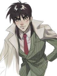 Rule 34 | 1boy, black eyes, black hair, coat, coat on shoulders, collared shirt, commentary request, cowboy shot, facial scar, formal, green jacket, hair between eyes, hand in pocket, highres, itou kaiji, jacket, kaiji, korean commentary, long bangs, long hair, looking at viewer, male focus, necktie, panespaghetti, red necktie, scar, scar on cheek, scar on face, shirt, simple background, solo, striped clothes, striped jacket, suit, v-shaped eyebrows, vertical-striped clothes, vertical-striped jacket, white coat, white shirt