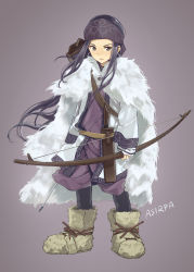 Rule 34 | 10s, 1girl, absurdres, ainu, ainu clothes, arrow (projectile), asirpa, bandana, black eyes, black hair, boots, bow (weapon), cape, character name, dagger, earrings, full body, fur boots, fur cape, golden kamuy, highres, hoop earrings, jewelry, knife, long hair, looking at viewer, minamito, open mouth, purple background, quiver, scabbard, sheath, sheathed, simple background, solo, weapon