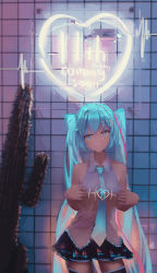 Rule 34 | 1girl, absurdres, aqua eyes, aqua hair, aqua necktie, bare arms, bare shoulders, black thighhighs, cactus, closed mouth, detached sleeves, glowing, hair ornament, hairclip, hands on own chest, hatsune miku, heart, highres, long hair, looking at viewer, necktie, neon lights, print necktie, print neckwear, pulled by self, skirt, sleeveless, smile, solo, thighhighs, tifg39, tile wall, tiles, twintails, very long hair, vocaloid, x hair ornament