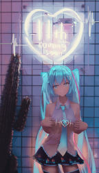 Rule 34 | 1girl, absurdres, aqua eyes, aqua hair, aqua necktie, bare arms, bare shoulders, black thighhighs, cactus, closed mouth, detached sleeves, glowing, hair ornament, hairclip, hands on own chest, hatsune miku, heart, highres, long hair, looking at viewer, necktie, neon lights, print necktie, print neckwear, pulling own clothes, skirt, sleeveless, smile, solo, thighhighs, tifg39, tile wall, tiles, twintails, very long hair, vocaloid, x hair ornament