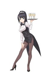 Rule 34 | 1girl, alcohol, black bow, black bowtie, black footwear, black hair, blue eyes, bow, bowtie, brown pantyhose, champagne, champagne flute, cup, drinking glass, full body, hair ornament, hand on own leg, high heels, highres, holding, holding tray, josie rosebud, leaning forward, long hair, looking at viewer, official art, pantyhose, princess principal, princess principal game of mission, shoes, smile, standing, transparent background, tray, very long hair