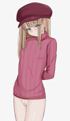Rule 34 | 1girl, arms behind head, blonde hair, blush, bottomless, breasts, censored, cleft of venus, eyelashes, green eyes, hat, highres, long hair, looking at viewer, mosaic censoring, mustee, no panties, no pants, original, pink sweater, pussy, red hat, sidelocks, simple background, small breasts, smile, solo, standing, sweater, turtleneck, turtleneck sweater, white background