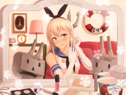 Rule 34 | 10s, 1girl, anchor, blonde hair, blush, earrings, elbow gloves, gloves, hairband, jewelry, kantai collection, kate (alice catharsis), lifebuoy, long hair, mirror, mouth hold, personification, reflection, rensouhou-chan, revision, shimakaze (kancolle), solo, swim ring, white gloves